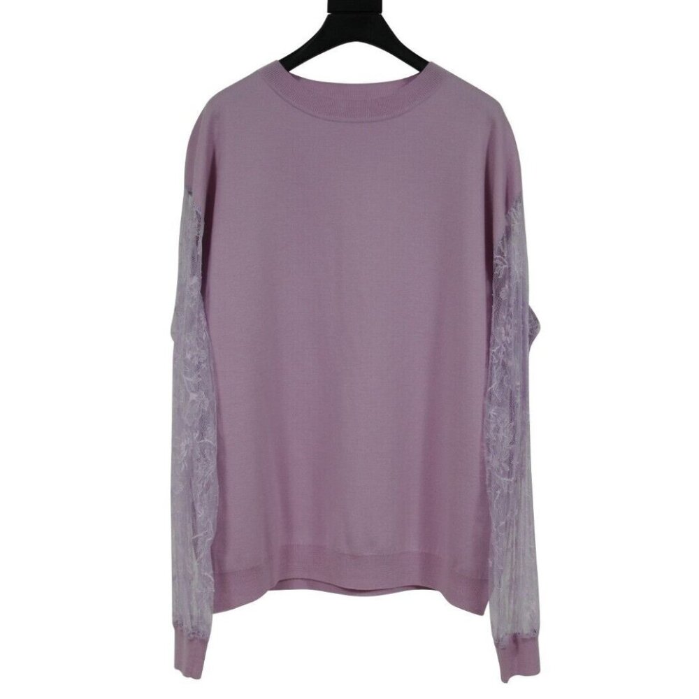 Adam Lippes Womens Lace Sleeve Sweater Medium Lavender Stretch Wool